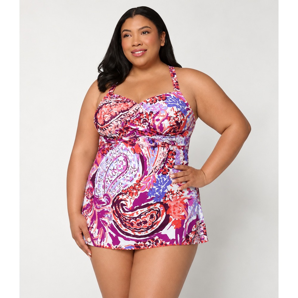 Denim & Co. Beach Square Neck Swim Dress with Separate Brief Berry Paisley, 18